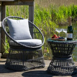 Salon de jardin en rotin synthétique gris (2 fauteuils et 1 petite table ronde) MENDOZA