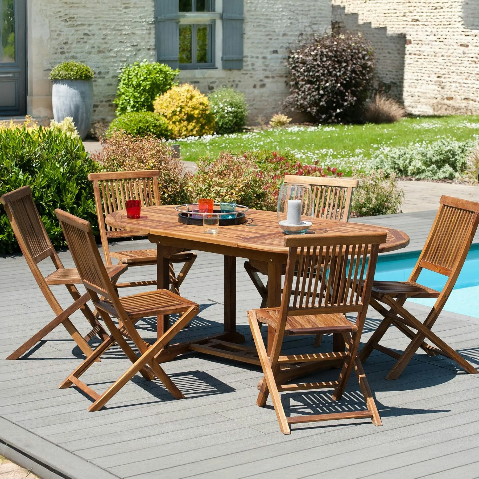 Salon de jardin en teck huilé Table ovale 120/180cm 6 chaises MACAO