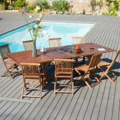 Salon de jardin en Teck massif huilé Table extensible 200/300x120x75cm + 8 ChaisesMACAO