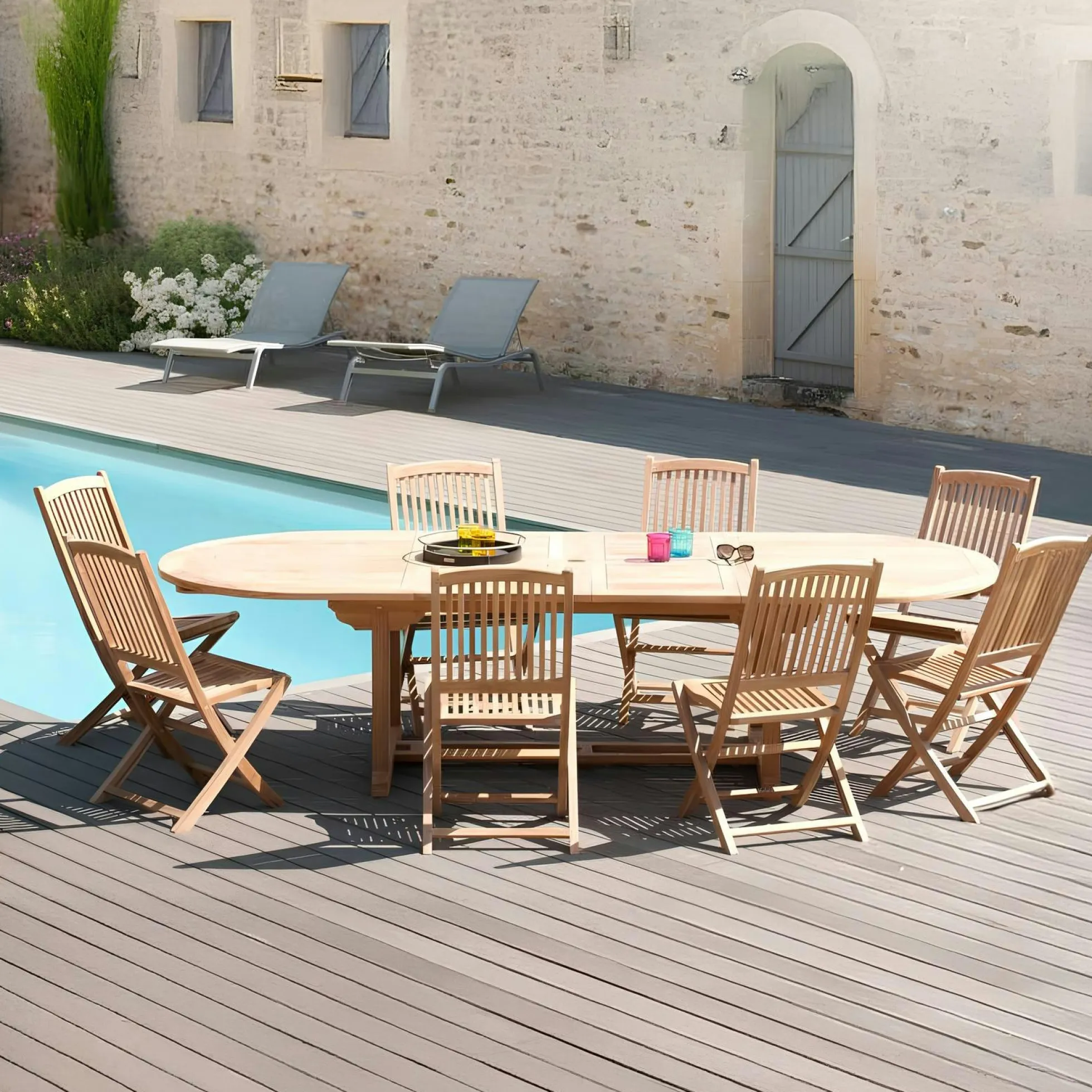 Salon de jardin en Teck table ovale 200/300cm 8 chaises SUMMER
