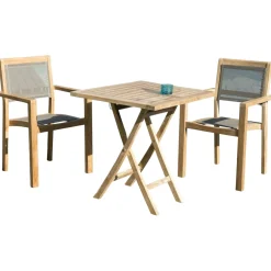 Salon de jardin 2 places en teck, 1 table + 2 fauteuils empilables SUMMER