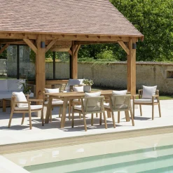 Salon de jardin table acacia et 6 fauteuils cordage beige avec coussins BAHIA