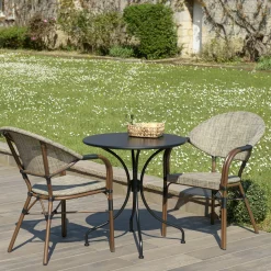 Salon de jardin table noire ronde D70 cm + 2 fauteuils bistrot tissu taupe GIJON