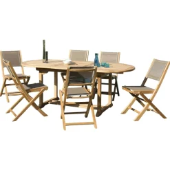 Salon de Jardin Table Teck 150/200cm + 6 Chaises pliantes SUMMER