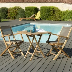 Salon de Jardin Table Teck 70x70cm + 2 Fauteuils pliants SUMMER ref. 30020810