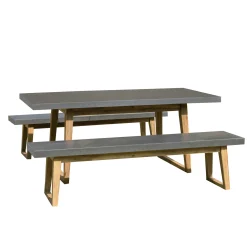 Salon de jardin 1 table 180x90 cm et 2 bancs plateau effet béton HERCULE