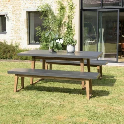 Salon de jardin 1 table 180x90 cm et 2 bancs plateau effet béton HERCULE