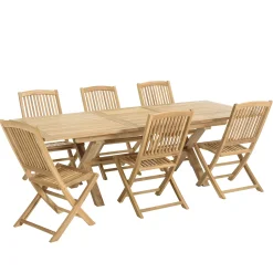 Salon de jardin teck brut table pieds en croix 180/240 + 6 chaises bord arrondi SUMMER