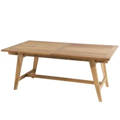 Salon de jardin teck brut table pieds tréteaux 180/240 + 6 chaises bord arrondi SUMMER