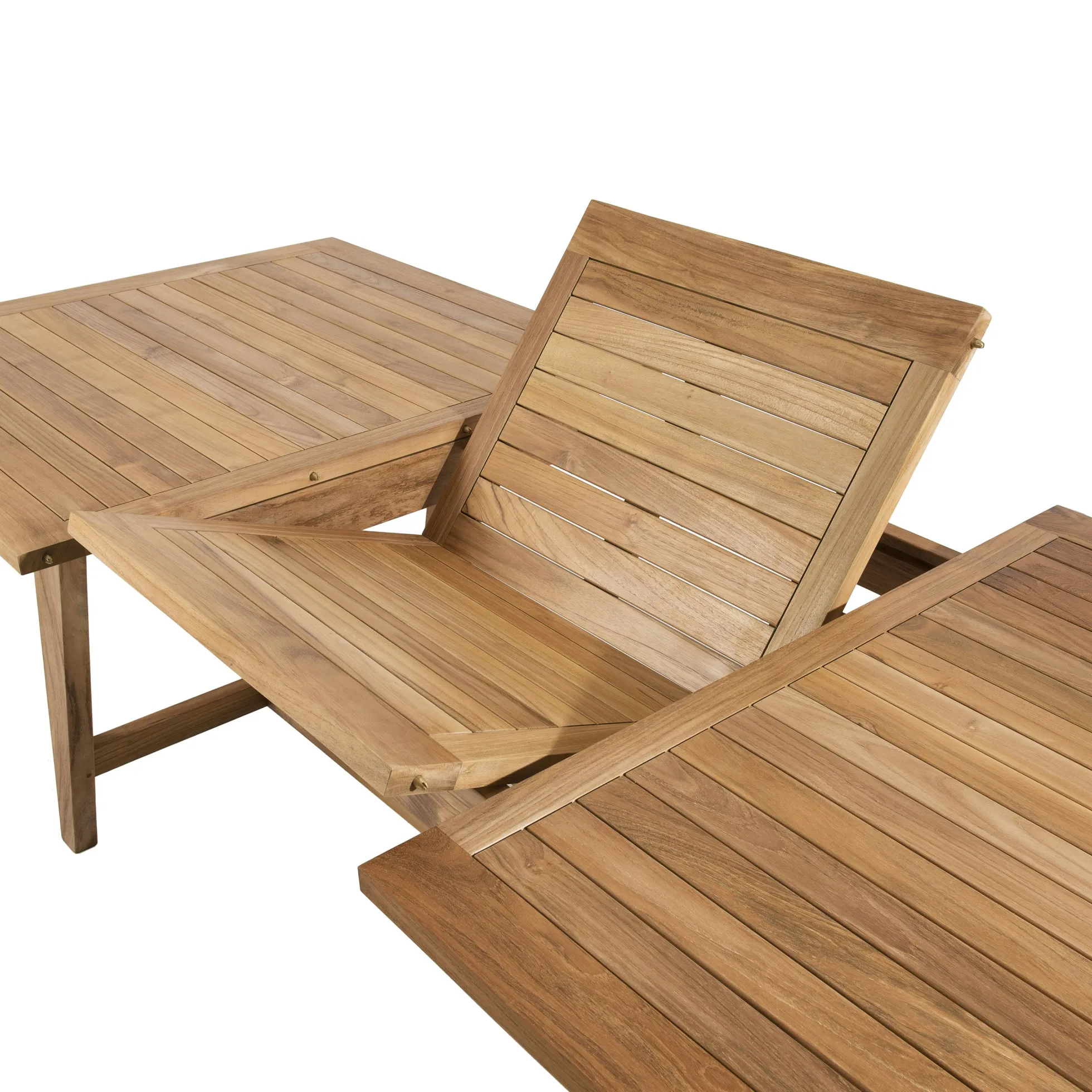 Salon de jardin teck brut table pieds tréteaux 180/240 + 6 chaises bord arrondi SUMMER