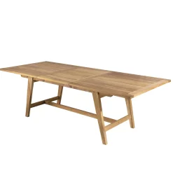 Salon de jardin teck brut table pieds tréteaux 180/240 + 6 chaises bord arrondi SUMMER