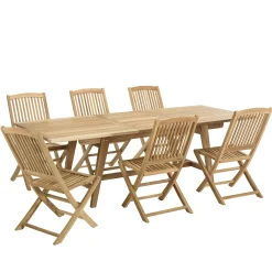 Salon de jardin teck brut table pieds tréteaux 180/240 + 6 chaises bord arrondi SUMMER