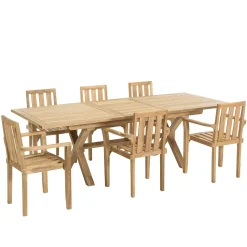 Salon de jardin teck brut table pieds en croix 180/240 + 6 fauteuils SUMMER