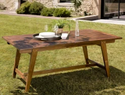 Salon de jardin teck huilé table pieds tréteaux 180/240 + 6 fauteuils MACAO