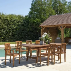 Salon de jardin teck huilé table pieds tréteaux 180/240 + 6 fauteuils MACAO