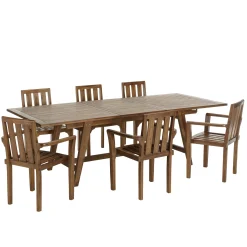 Salon de jardin teck huilé table pieds tréteaux 180/240 + 6 fauteuils MACAO