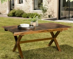 Salon de jardin teck huilé table pieds en croix 180/240 + 6 fauteuils MACAO