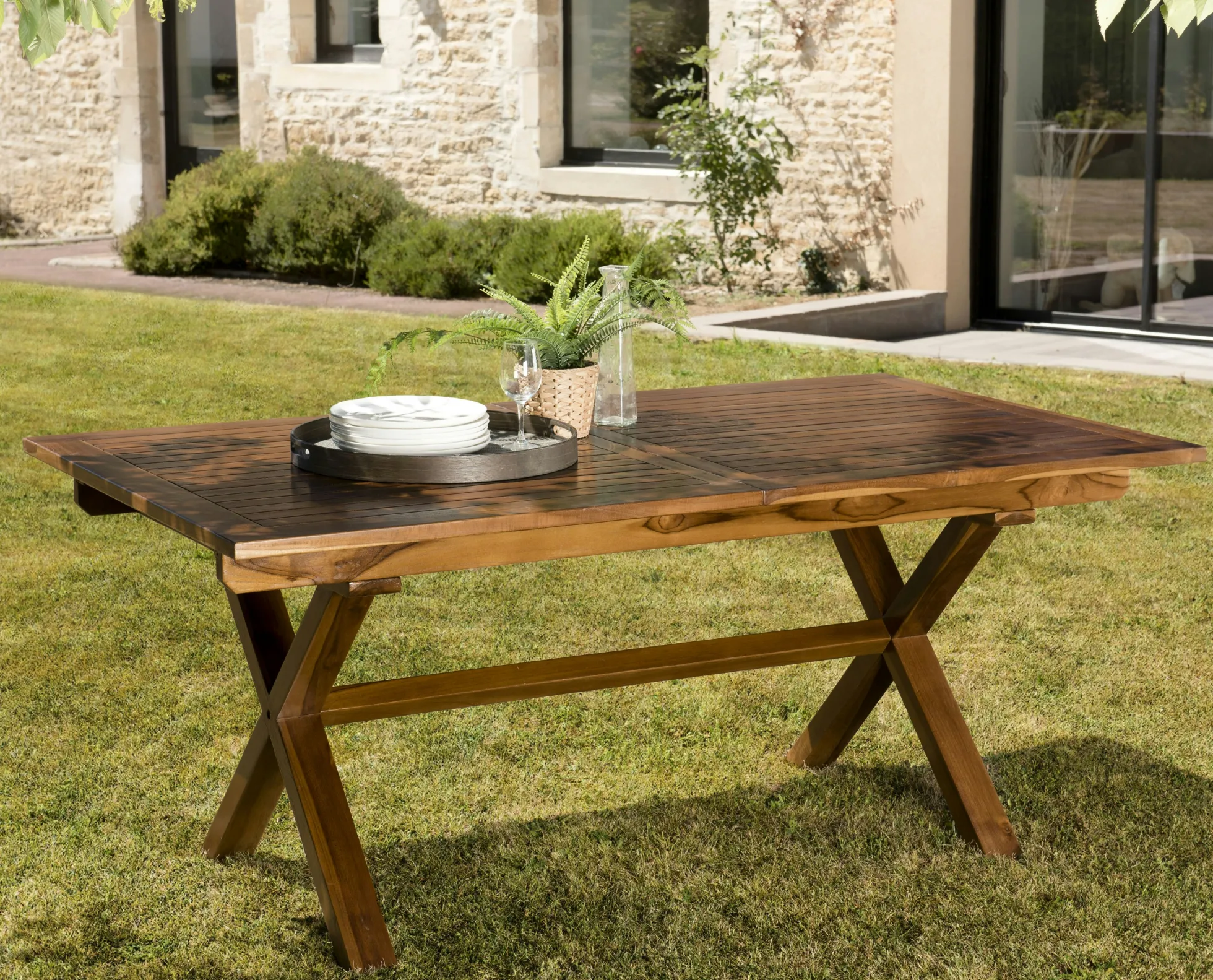 Salon de jardin teck huilé table pieds en croix 180/240 + 6 fauteuils MACAO