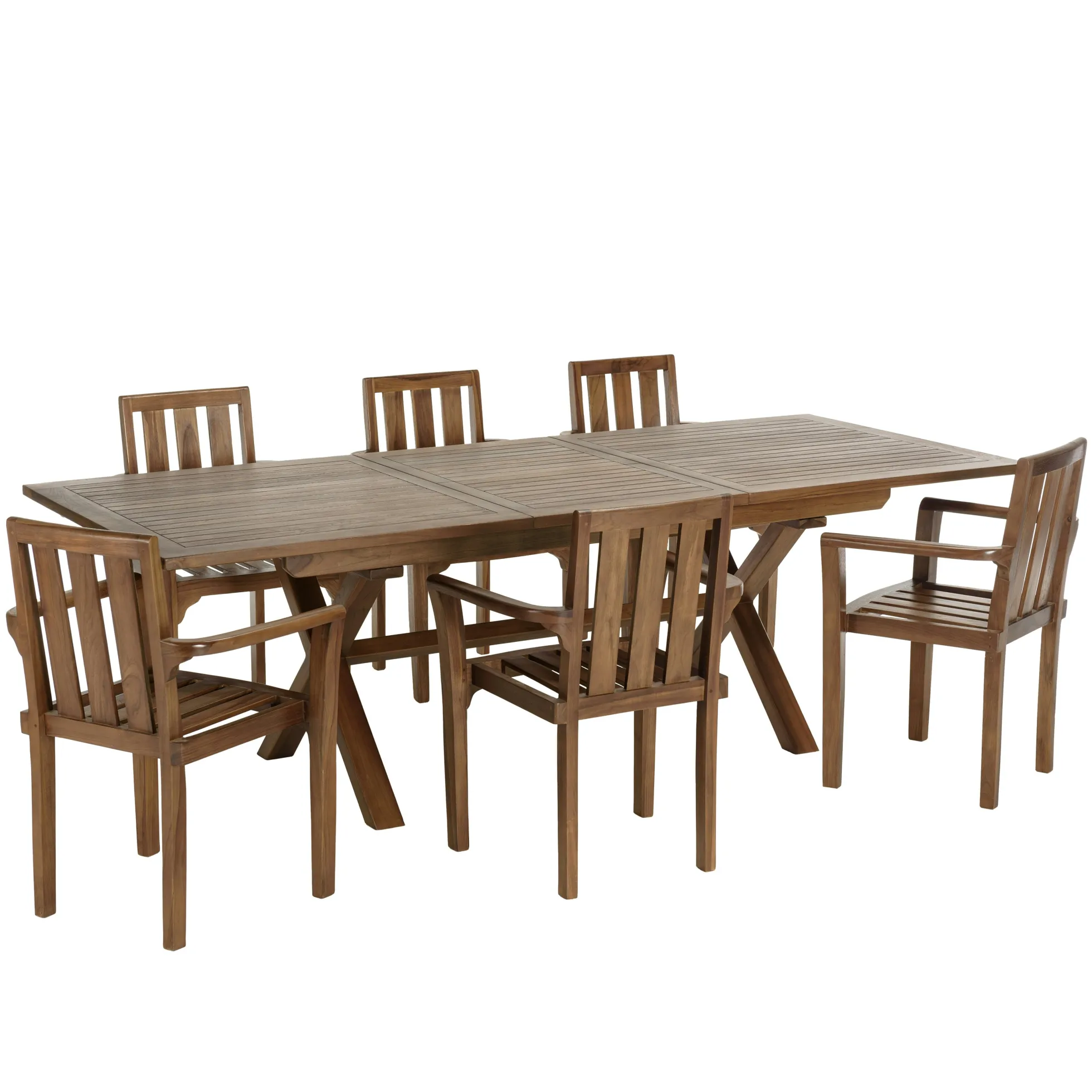 Salon de jardin teck huilé table pieds en croix 180/240 + 6 fauteuils MACAO