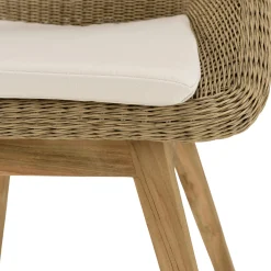 Salon de jardin teck naturel 1 table ronde 150 cm + 4 chaises arrondies résine tressée MANY