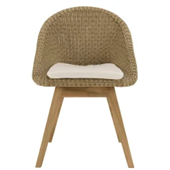 Salon de jardin teck naturel 1 table ronde 150 cm + 4 chaises arrondies résine tressée MANY