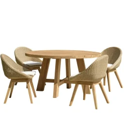 Salon de jardin teck naturel 1 table ronde 150 cm + 4 chaises arrondies résine tressée MANY