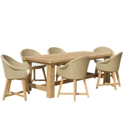 Salon de jardin teck naturel 1 table pieds droits 220 cm + 6 fauteuils arrondis résine tressée MANY