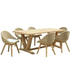 Salon de jardin teck naturel 1 table pieds en V 220 cm + 6 chaises arrondies résine tressée MANY