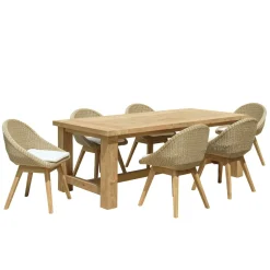 Salon de jardin teck naturel 1 table pieds droits 220 cm + 6 chaises arrondies résine tressée MANY
