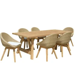Salon de jardin teck naturel 1 table pieds tréteaux 220 cm + 6 chaises arrondies résine tressée MANY