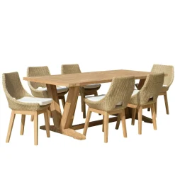 Salon de jardin teck naturel 1 table pieds en V 220 cm + 6 chaises résine tressée MANY