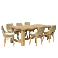 Salon de jardin teck naturel 1 table pieds droits 220 cm + 6 chaises résine tressée MANY