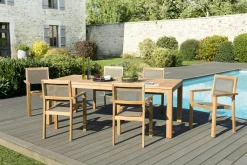 Salon de Jardin Teck Table 220x100 + 6 fauteuils empilables BERGEN ref. 30020839