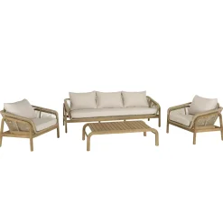 Salon détente 5 places acacia naturel et cordage beige avec coussins BAHIA