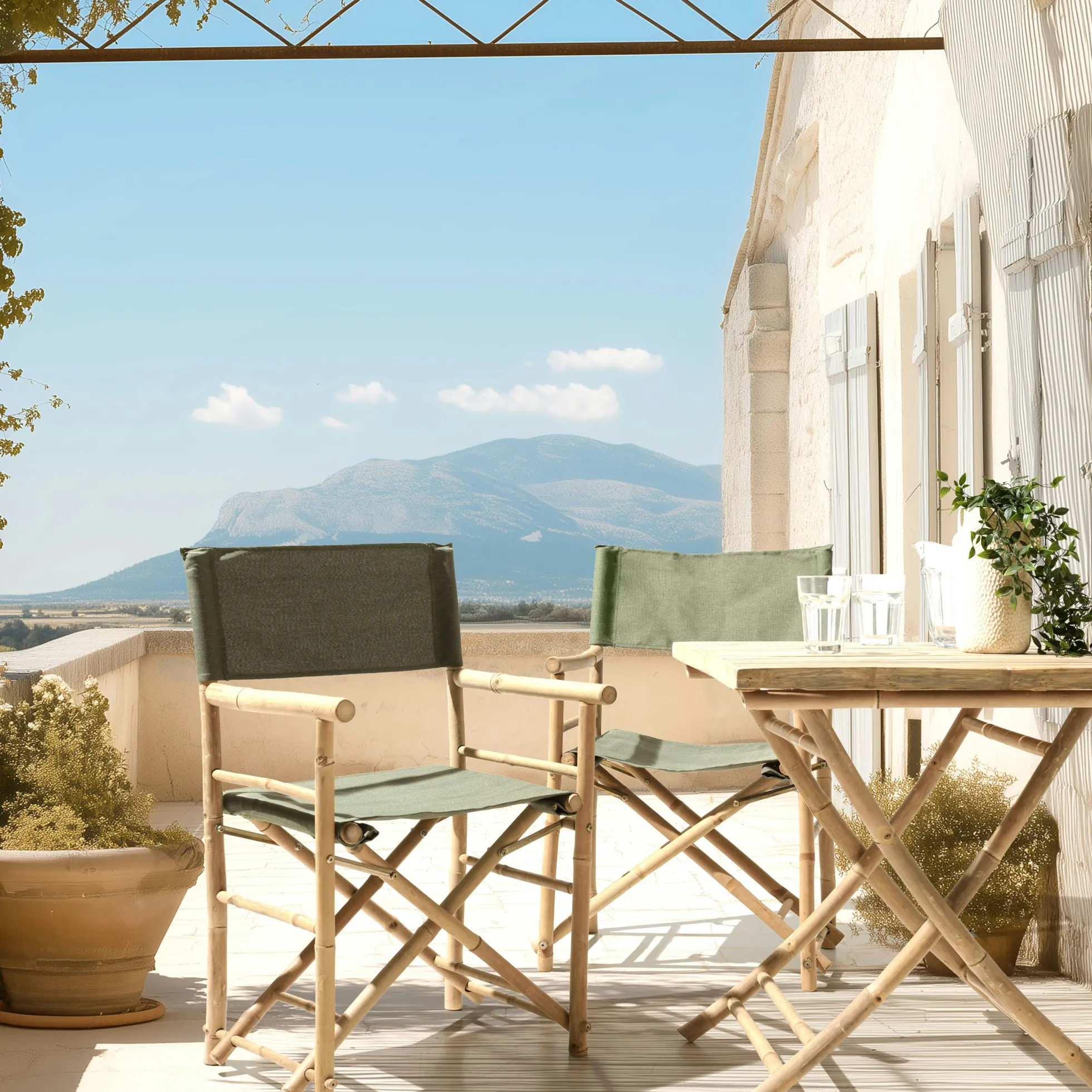 Set de 2 fauteuils pliants bambou, dossier/assise en tissu vert CALVIA