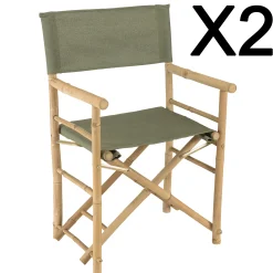 Set de 2 fauteuils pliants bambou, dossier/assise en tissu vert CALVIA