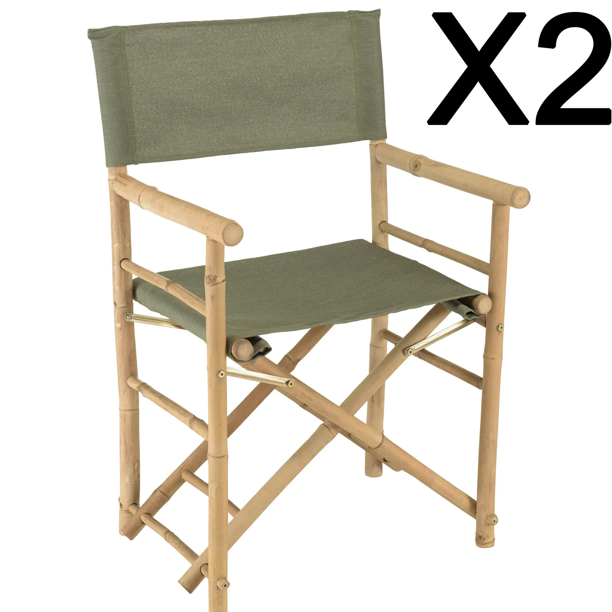 Set de 2 fauteuils pliants bambou, dossier/assise en tissu vert CALVIA