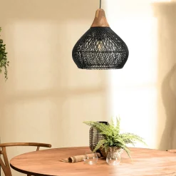 Suspension cloche 40x40cm en rotin couleur noire et teck FOLELLI