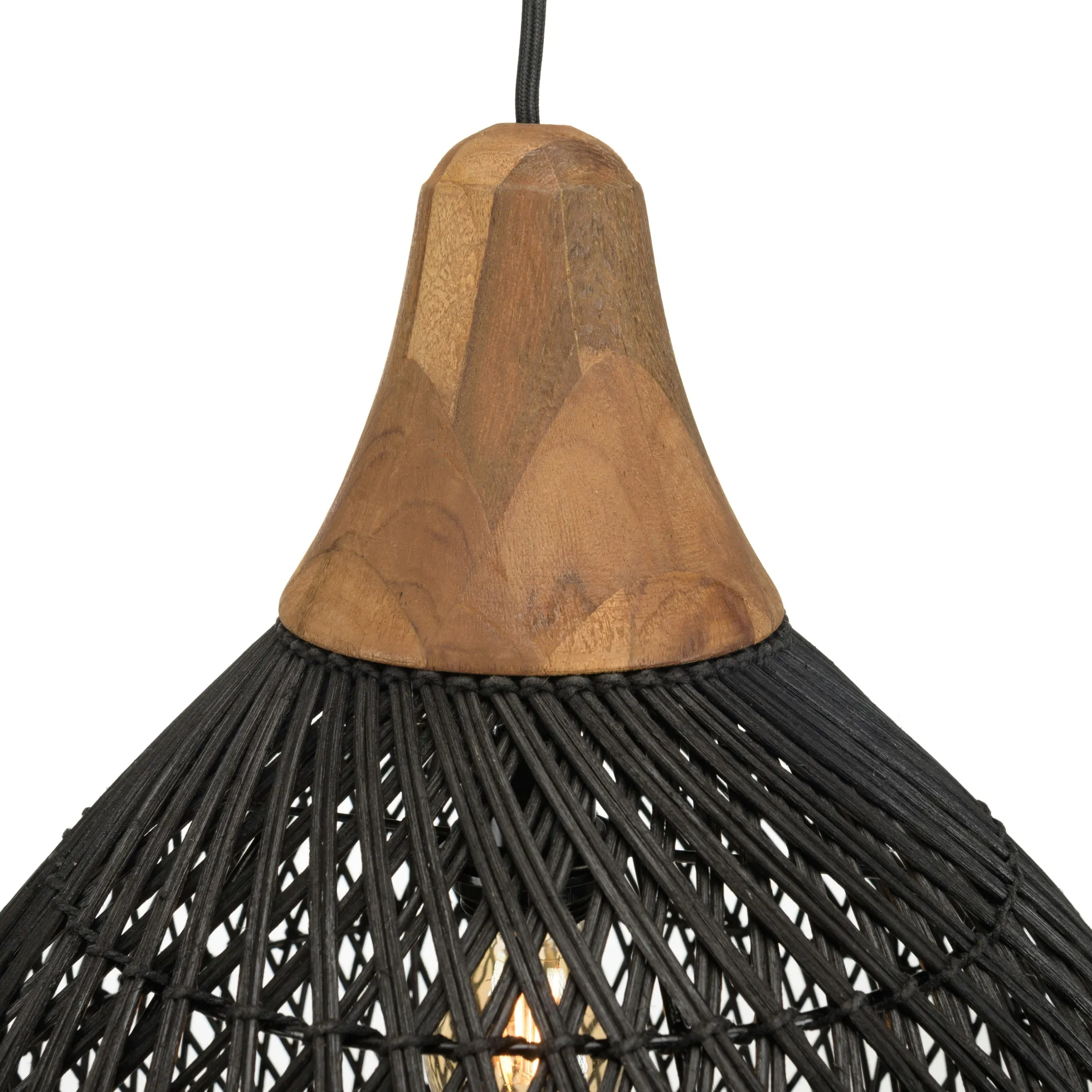 Suspension cloche 40x40cm en rotin couleur noire et teck FOLELLI