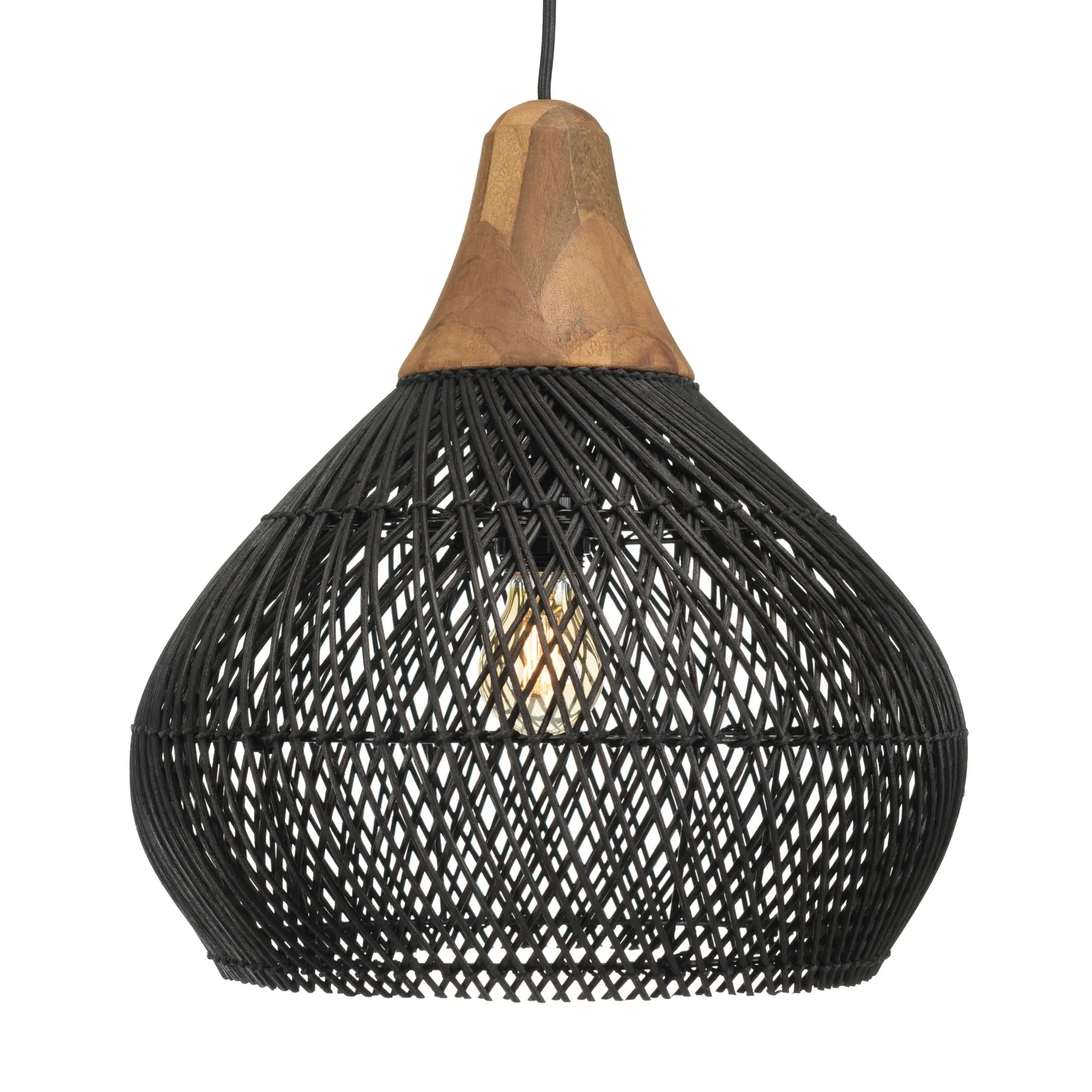 Suspension cloche 40x40cm en rotin couleur noire et teck FOLELLI