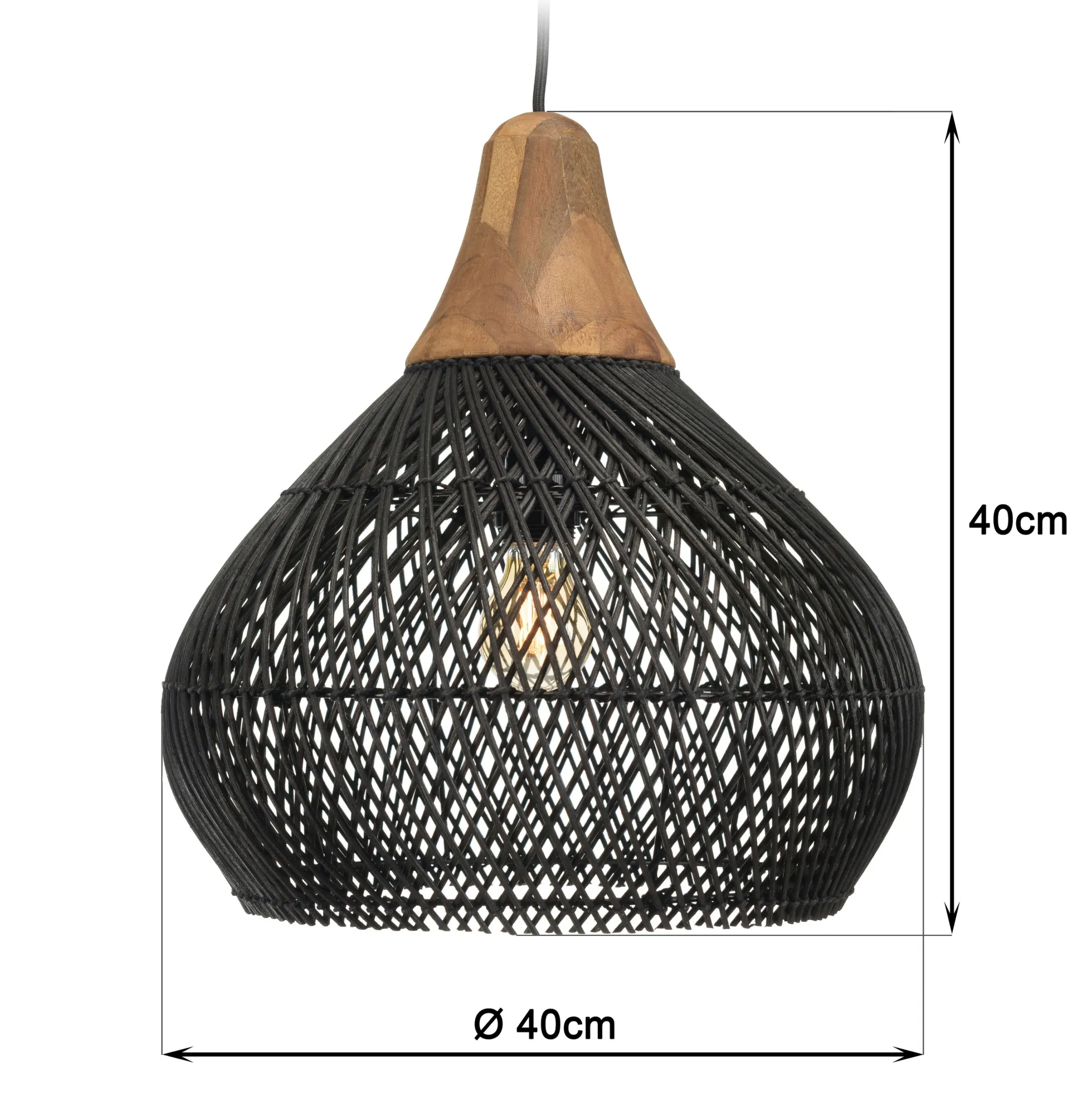 Suspension cloche 40x40cm en rotin couleur noire et teck FOLELLI