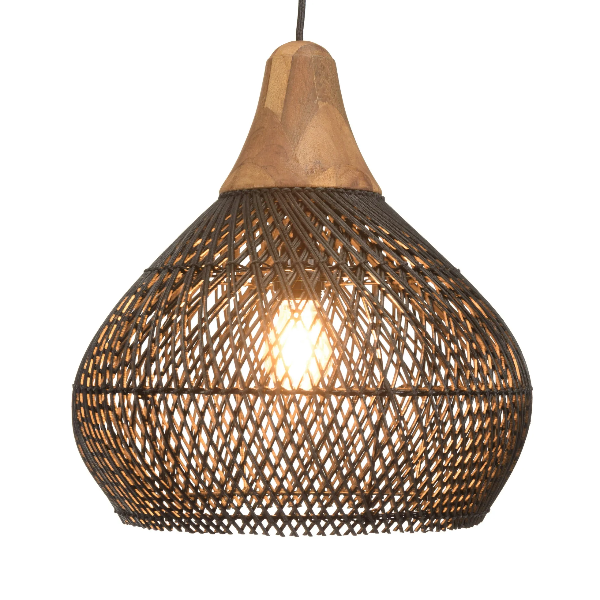 Suspension cloche 40x40cm en rotin couleur noire et teck FOLELLI