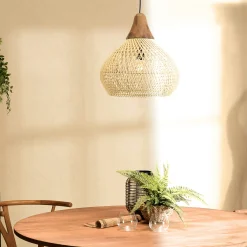 Suspension cloche 40x40cm rotin couleur naturelle et teck FOLELLI