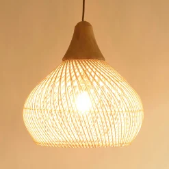 Suspension cloche 40x40cm rotin couleur naturelle et teck FOLELLI