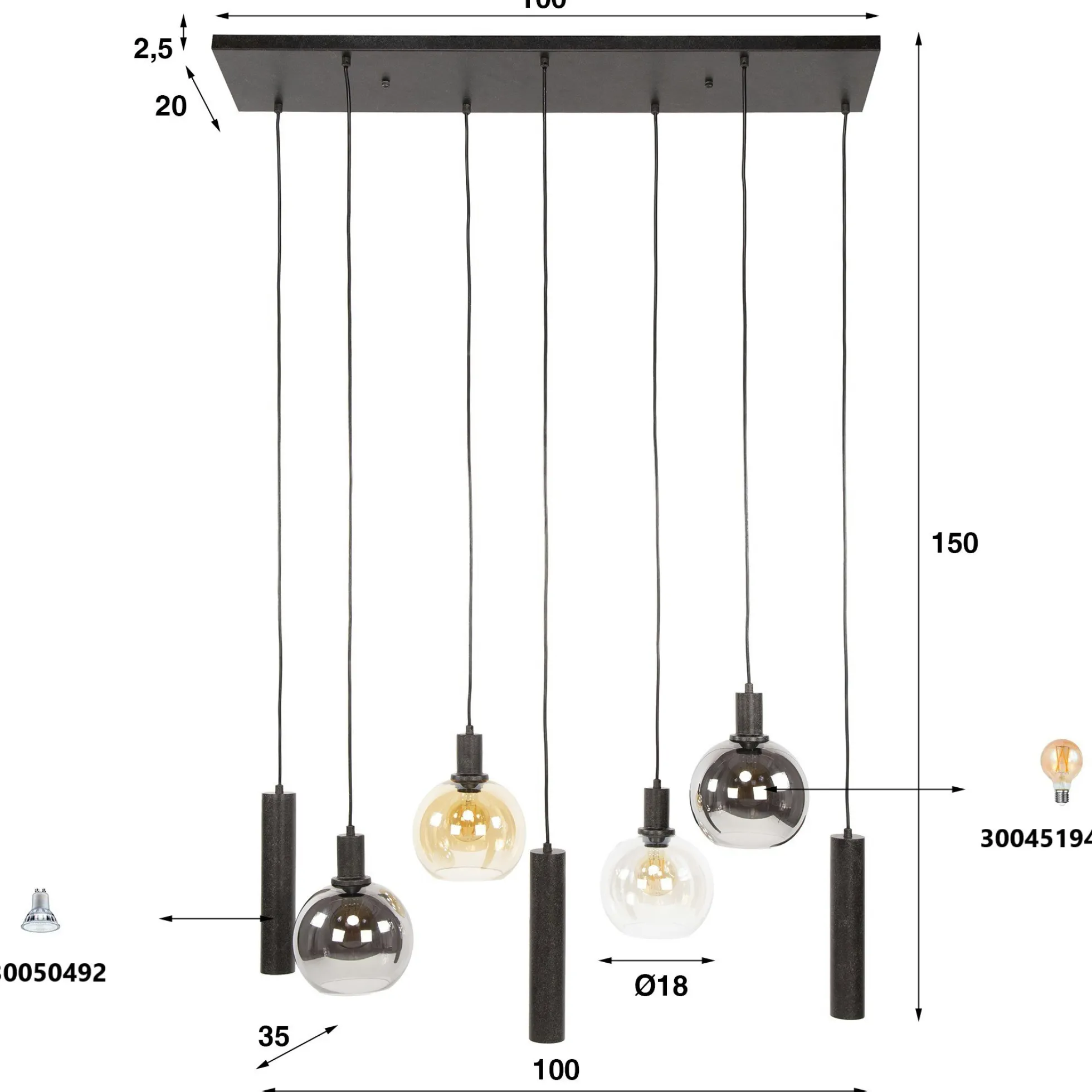 Suspension cuisine vintage - 4 globes verre, 3 cylindres NOVA