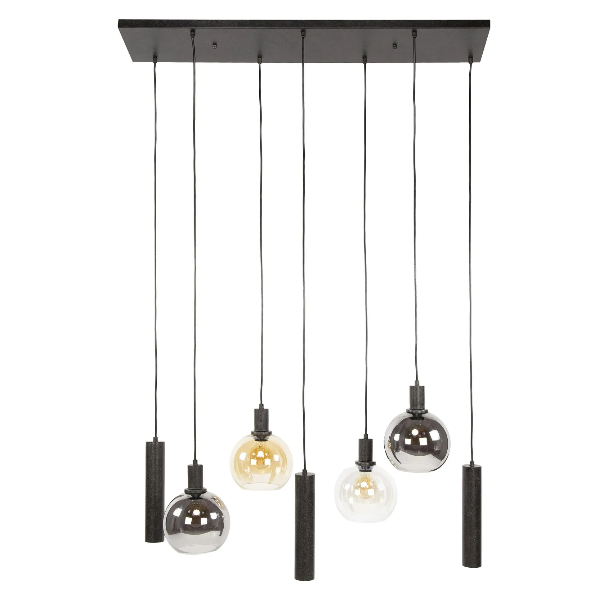 Suspension cuisine vintage - 4 globes verre, 3 cylindres NOVA