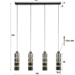 Suspension design en verre chromé 4 abat-jour cylindriques RALF