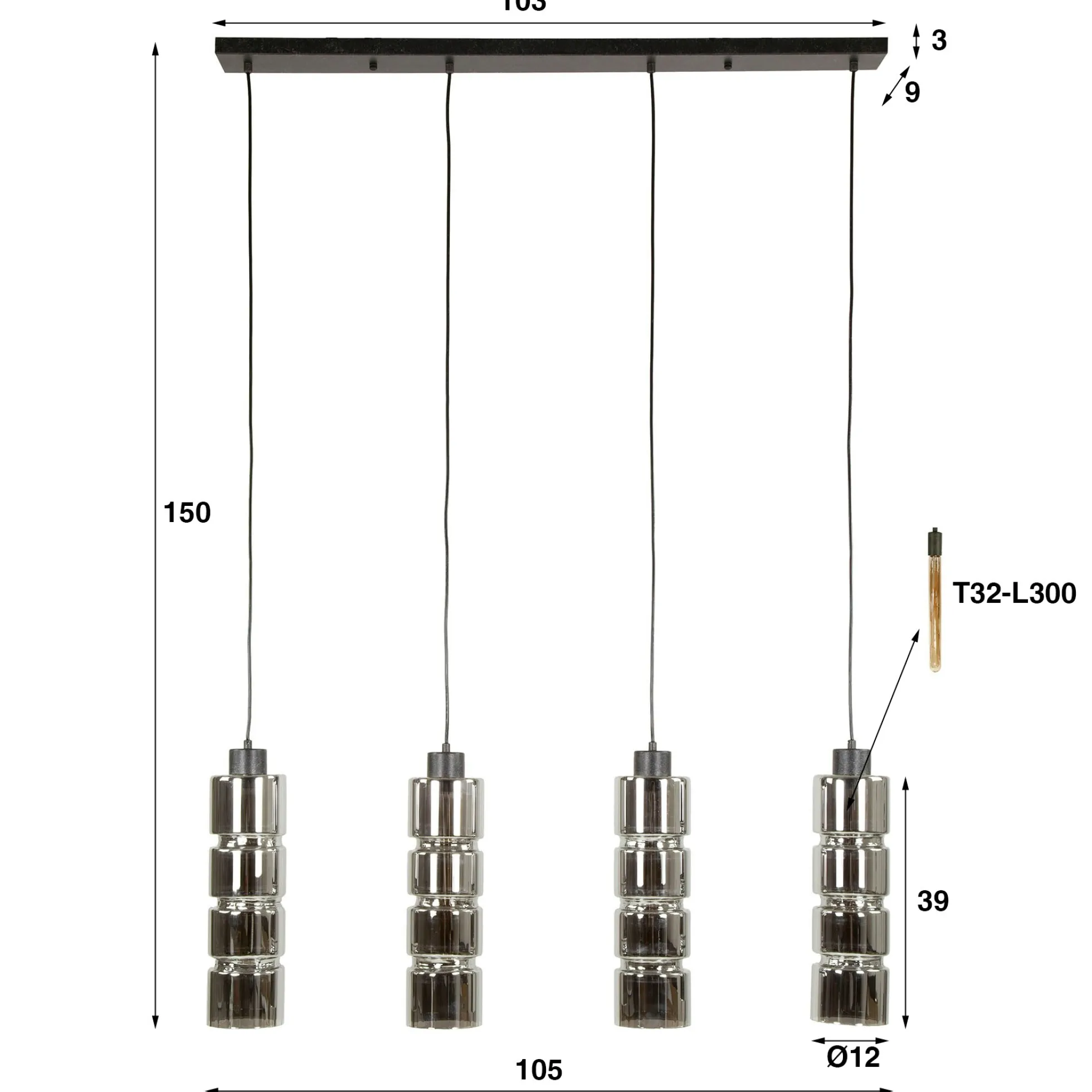 Suspension design en verre chromé 4 abat-jour cylindriques RALF