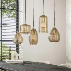 Suspension de table en verre brun 5 lampes striées NOVA