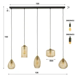 Suspension de table en verre brun 5 lampes striées NOVA